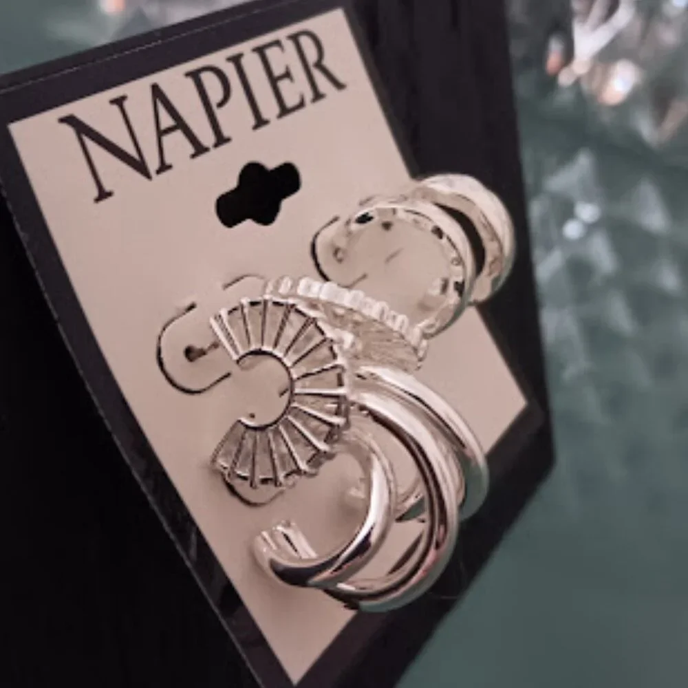 NAPIER 3pc Contemporary Silver Criss Cross/Cutout/Quilted Texture Hoop Earrings - Picture 4 of 4